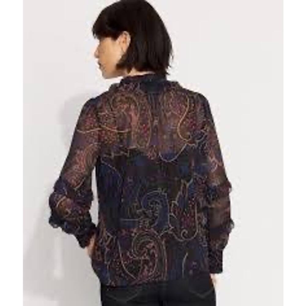 White House Black Market Jacquard Ruffle Sleeve Chiffon Blouse NWT size LP - Picture 2 of 9